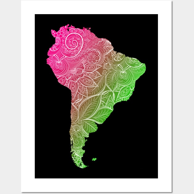 Colorful mandala art map of South America with text in pink and green Wall Art by Happy Citizen